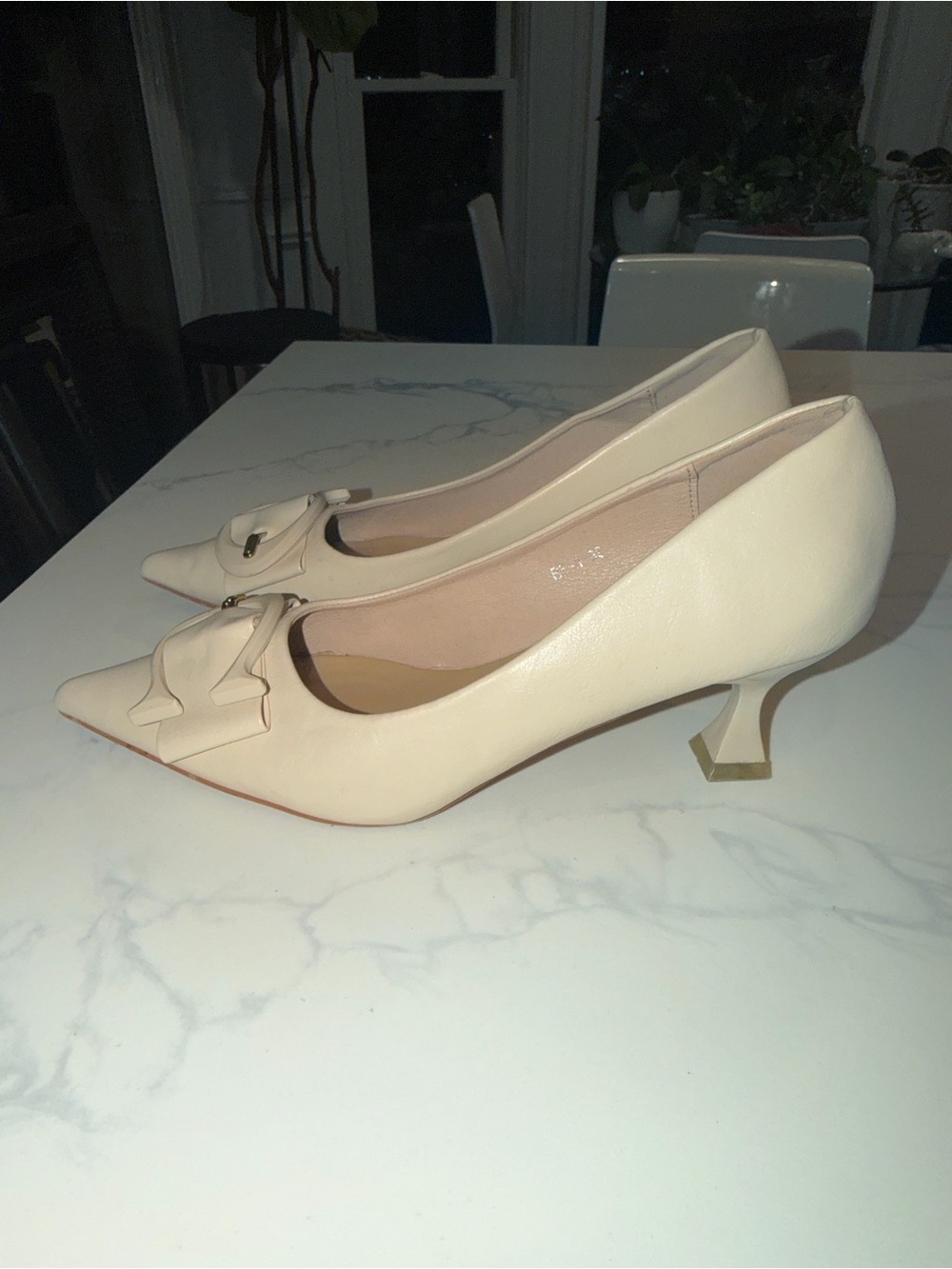 C Paravano Cream Pointed-Toe Kitten Heel Adorned with C Bow Design